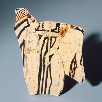 Kylix door de Villia Giulia-schilder, fragment. Roodfigurige keramiek. Etruskische beschaving, 4e eeuw v.Chr. door Etruscan