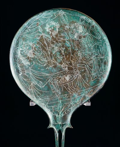 Spiegel die banketscène uitbeeldt, bronzen artefact uit Preneste, Etruskische Beschaving, 4e eeuw v.Chr. door Etruscan