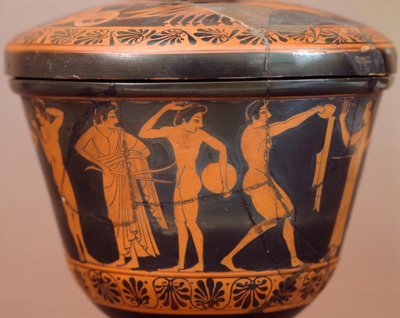 Pyxis met atleten die discuswerpen en andere disciplines uitvoeren. Roodfigurige keramiek, uit Cerveteri (Lazio). Etruskische Beschaving, 4e eeuw v.Chr. door Etruscan