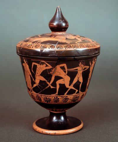 Pyxis met voorstelling van een scène van de palestra, terracotta, 520-500 v.Chr. door Etruscan