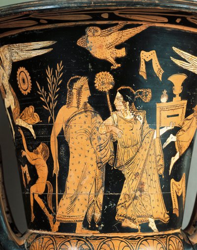 Roodfigurige keramiek, Krater, uit Civita Castellana, oude Falerii, Rome provincie, detail, gekroonde Dionysus en Ariadne door Etruscan