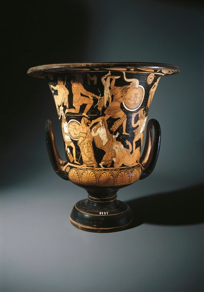 Roodfigurige aardewerk, calyx krater met Neoptolemus, Astyanax, Helena van Troje en Priamo op de grond, door Nazzano Schilder, uit Civita Castellana door Etruscan