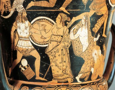 Roodfigurige keramiek, detail van krater die Menelaüs toont tegenover Aphrodite terwijl hij Helena bereikt, uit Civita Castellana, oude Falerii, Rome provincie door Etruscan