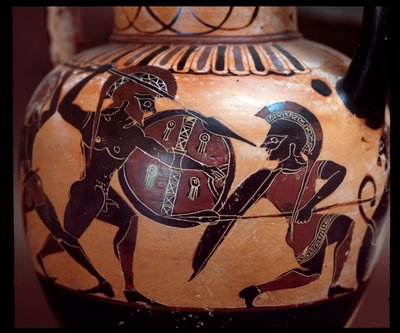 Terracotta amfoor met voorstelling van een duel tussen twee soldaten, 520-500 v.Chr. door Etruscan