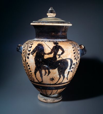 Terracotta stamnos met een ruiter, 500-490 v.Chr. door Etruscan