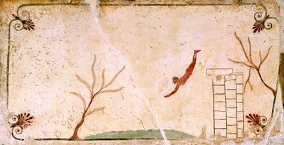 Duiker, circa 480-490 v.Chr., decoratieve fresco van de dekkingsplaat van het Graf van de Duiker in Paestum, Campania, Italië, 5e eeuw v.Chr. door Etruscan
