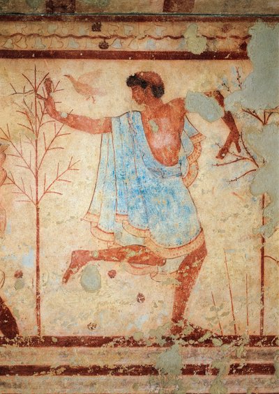 Graf van de Triclinium, detail van fresco die een danser afbeeldt, Tarquinia, Italië (muurschildering) door Etruscan
