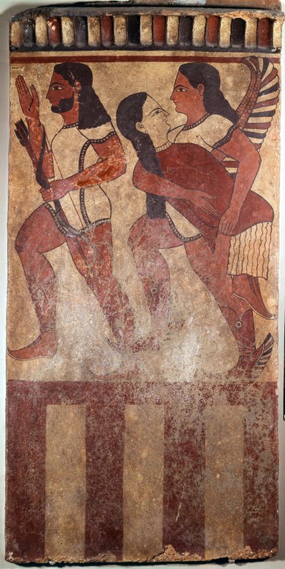 Etruskische kunst: Plaque Campana: een boogschutter, een gevleugelde geest met een vrouwelijke figuur (6e eeuw v.Chr.) door Etruscan Etruscan
