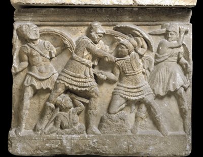 Etruskische kunst: “Eteocles en Polynices” de twee broers, zonen van Oedipus, Bas-reliëf van een sarcofaag van Chiusi, 3e eeuw v.Chr. - Palermo, Museo Archeologico Nazionale - Duel tussen de broers Eteocles en Polynices, zonen van Oedipus - Bas-reliëf, det door Etruscan Etruscan