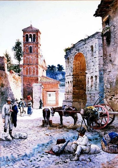 Figuren in een Romeins Plein bij een Boog door Ettore Roesler Franz