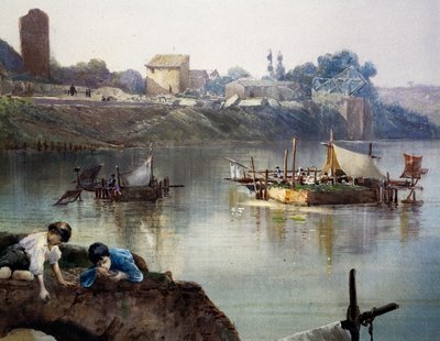 Vissersgiornelli (viswielen) op de Tiber bij Porto di Ripa Grande in Rome, door Ettore Roesler Franz (1845-1907), aquarel, Italië door Ettore Roesler Franz