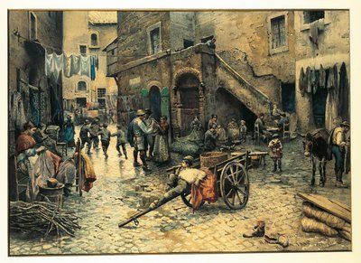 Italië, Rome, Straatleven op Via Capocciuto in (Joodse) Ghetto in Rome door Ettore Roesler Franz