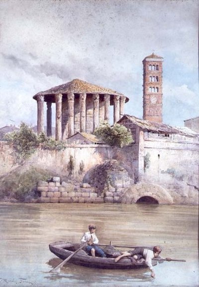 De Tempel van Hercules vanaf de rivier de Tiber, Rome door Ettore Roesler Franz
