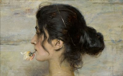 Met de roos tussen haar lippen Con la rosa tra le labbra, 1895 door Ettore Tito