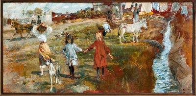 Landschap met kinderen en hond, een ezel bij de rivier door Ettore Tito