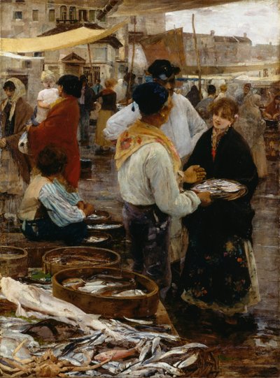 Vismarkt in Venetië door Ettore Tito