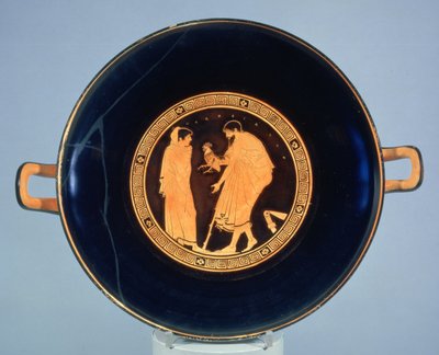 Attische roodfigurige beker versierd met een man die een jongen een haan geeft, ca. 470 v.Chr. (keramiek) door Euaichme Painter