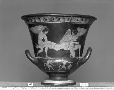 Attische roodfigurige calyx krater die Hypnos en Thanatos toont die het lichaam van Sarpedon dragen (keramiek) door Eucharides Painter