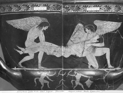 Attische roodfigurige calyx krater die Hypnos en Thanatos toont die het lichaam van Sarpedon dragen door Eucharides Painter