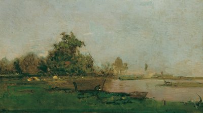 Rivierlandschap met boot door Eugen Jettel