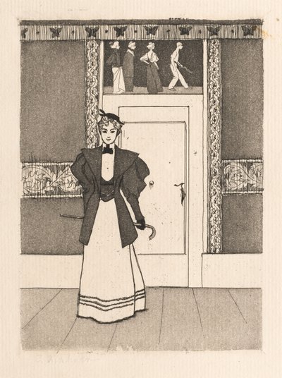 Interieur met jonge vrouw in wandelkostuum door Eugen Kirchner