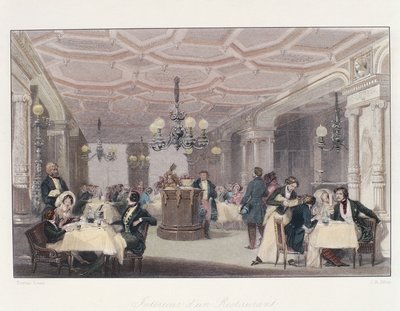 Frankrijk, Parijs, interieur van Les Trois Freres Provencaux Restaurant met zijn restauratieperiode decor, uit Winter in Paris, door Eugene Lami door Eugene Louis Lami