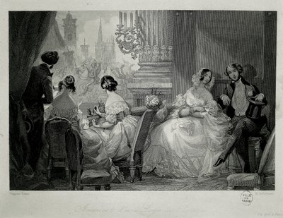 Interieur van de Opera van Parijs, mensen in een loge (gravure) door Eugene Louis Lami