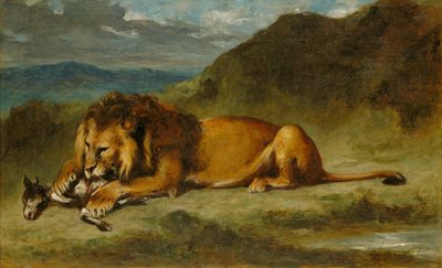 Leeuw die een geit verslindt, ca. 1850 door Eugene  Delacroix