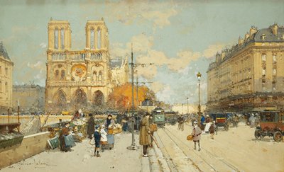 Figuren op een Zonnige Parijse Straat, Notre Dame links door Eugene Galien Laloue
