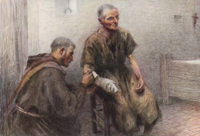 Broeder Bentivoglia verzorgt een melaatse door Eugene (after) Burnand