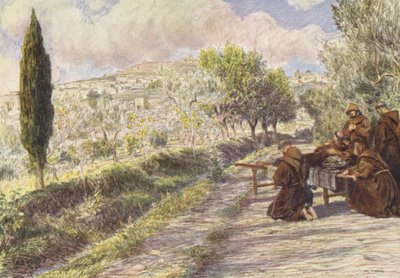 St. Franciscus zegent de stad Assisi (kleur litho) door Eugene (after) Burnand