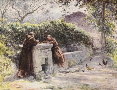 De Maaltijd van St. Franciscus en broeder Masseo bij de Fontein, St. Franciscus prijst Armoede door Eugene (after) Burnand