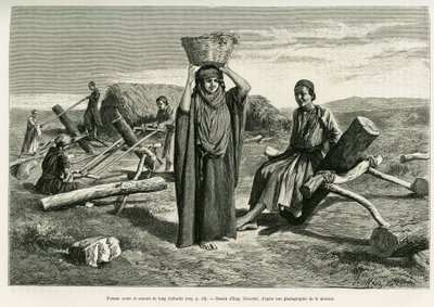 Arabische vrouw en zaagwerkers van lange tien foulis. Gravure door Eugene Girardet, ter illustratie van het verhaal 