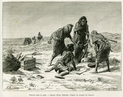 Begraven in het zand. Gravure door Eugene Girardet, ter illustratie van het verhaal Vijf maanden bij de nomadische mooren van de Westelijke Sahara, in 1887, door Camille Douls, in le tour du monde 1888, onder leiding van Edouard Charton (1807-1890), Hachet door Eugene Alexis Girardet