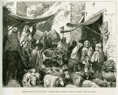 Verlegen in Teboursouk Soukstraat. Gravure door Eugene Girardet, ter illustratie van het verhaal 