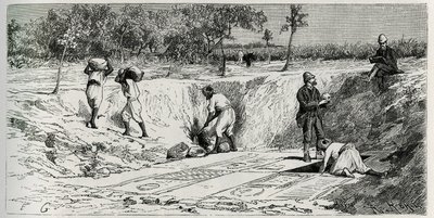 Opgravingen op de christelijke begraafplaats van Lamta, met beide missieopdrachten. Gravure door Eug. Girardet, ter illustratie van het verhaal "De reis naar Tunesië", door Rene Cagnat door Eugene Alexis Girardet