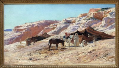 Het kamp, kampement van een groep Arabische reizigers (Bedoeïenen) in een landschap van duinen door Eugene Alexis Girardet