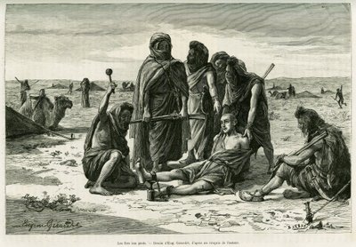 De ijzers aan de voeten. Gravure door Eugene Girardet, ter illustratie van het verhaal Vijf maanden bij de nomadische mooren van de Westelijke Sahara, in 1887, door Camille Douls, in le tour du monde 1888, onder leiding van Edouard Charton (1807-1890), Hac door Eugene Alexis Girardet