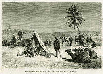 Kamp van reizigers in de buurt van Tozeur. Gravure door Eugene Girardet ter illustratie van het verhaal 