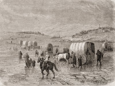 Een wagenkaravaan op weg naar het westen in de jaren 1860, gegraveerd door Stephane Pannemaker (1847-1930) door Eugene Antoine Samuel Lavieille