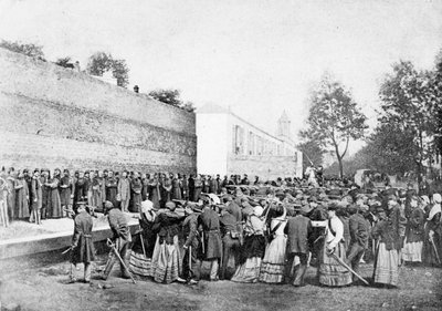 Reconstructie van het bloedbad van 62 gijzelaars op de Rue Haxo, Belleville, Parijs, 1871 door Eugene Appert