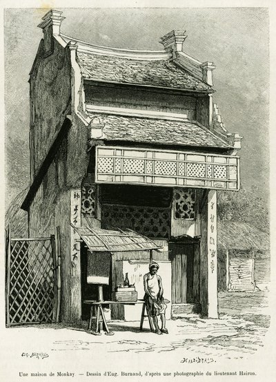 Een apenhuis. Gravure door Eugene Burnand, ter illustratie van het verhaal Sur les frontières du Tonkin, door dokter P.Neiss, in le tour du monde 1888, onder leiding van Edouard Charton (1807-1890), Hachette, Parijs. door Eugene Burnand