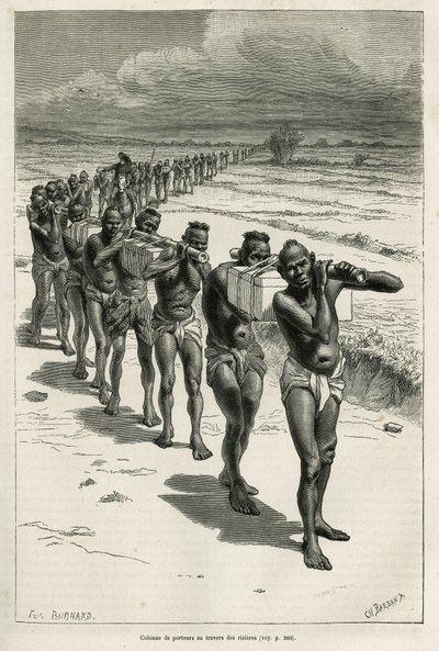 Kolonne dragers door de rijstvelden, tussen Bassac en Hue, geëtst naar een tekening van Eugene Burnand, ter illustratie van het verhaal over Laos en de wilde bevolkingen van Indochina, door Dr. Harmand, in 1877, gepubliceerd in de tour du monde, onder de d door Eugene Burnand