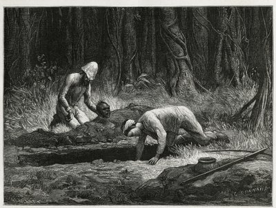 Dr. Harmand en zijn Annamitische helper, die clandestiene opgravingen van Khas-begrafenissen uitvoeren in Attopeu (Laos), gravure door Eugene Burnand, ter illustratie van het verhaal over Laos en de wilde bevolkingen van Indochina door Dr. Harmand, in 1877 door Eugene Burnand