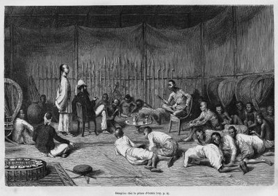 Dr. Harmand bij de receptie bij de Prins van Oubon (Laos), beschrijving van het interieur van de prinselijke zaak en zijn binnenplaats, gravure door Eugene Burnand, ter illustratie van het verhaal van Laos en de wilde bevolkingen van Indochina door Dr. Har door Eugene Burnand