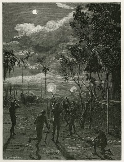 Dr. Harmand wordt midden in de nacht gewekt door het geluid van de geweren van de inheemse Khas, die op de maan schieten tijdens een zonsverduistering, in Attopeu (Laos), gravure door Eugene Burnand, ter illustratie van het verhaal van Laos en de wilde bev door Eugene Burnand
