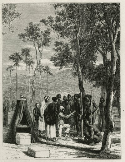 Dr. Harmand voert antropologische metingen uit op de inheemse Khas, in Attopeu (Laos), gravure door Eugene Burnand, ter illustratie van het verhaal van Laos en de wilde bevolkingen van Indochina door Dr. Harmand, in 1877, gepubliceerd in de tour du monde,  door Eugene Burnand