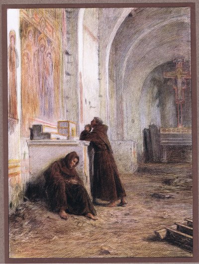 Broeder Giles en zijn metgezel flauwvallen van honger in een verlaten kerk door Eugene Burnand