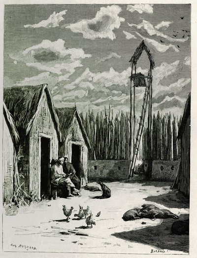 Missionarisplein in Meuong Ngan. Gravure door Eugene Burnand, ter illustratie van het verhaal 