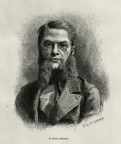 Portret van Dr. Harmand, gravure door Eugene Burnand, ter illustratie van het verhaal van Laos en de wilde bevolkingen van Indochina door Dr. Harmand, in 1877, gepubliceerd in de tour du monde, onder leiding van Edouard Charton door Eugene Burnand